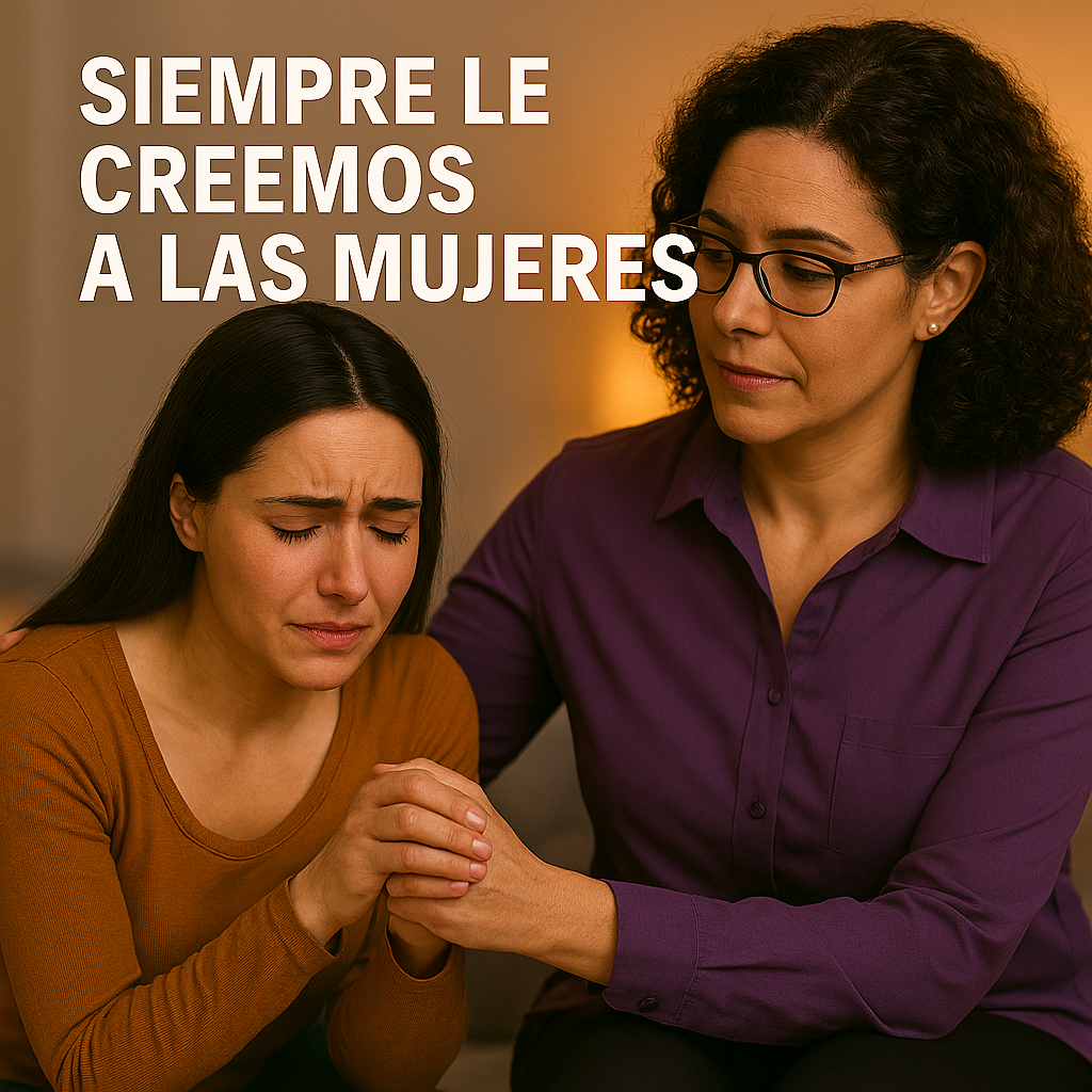 2 mujeres juntas, una recibiendo apoyo de la otra con la leyenda: Siempre le creemos a las mujeres